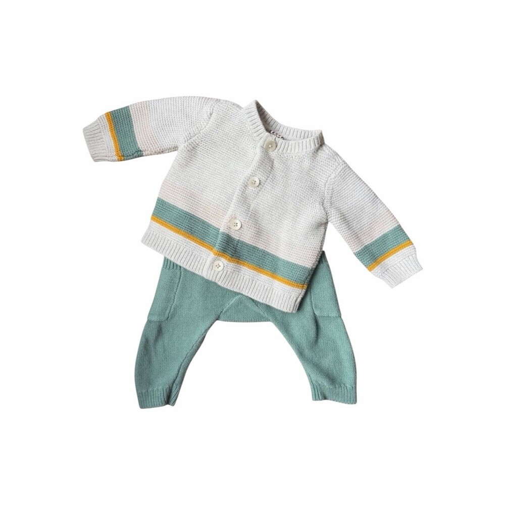 Tea Collection Baby Knit Cardigan Pants Set 3-6M Green Cream Cotton Outfit